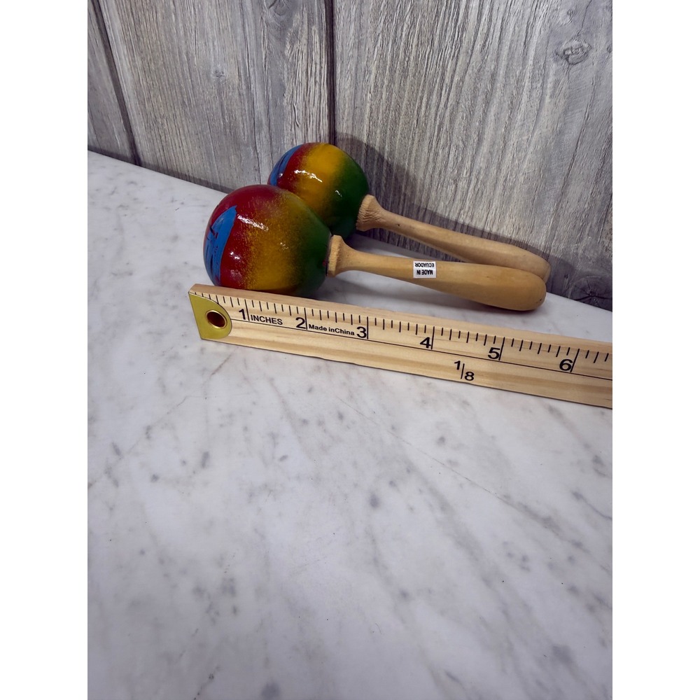 Vintage Hand Painted Wooden Maracas Pair Ecuador Flamingo Tropical Multi Color - Picture 5 of 5